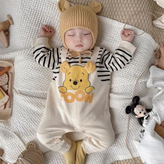 婴儿秋装哈衣卡通小熊爬服新生婴儿连体衣春秋宝宝条纹长袖爬爬服