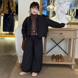 欧洲站2026冬款女童洋气百搭圆领棉服外套高腰加绒阔腿裤纯色两件
