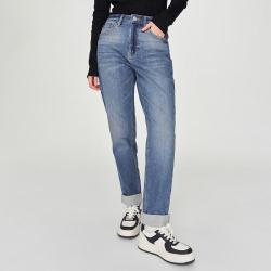 Lee 早春411高腰小直脚磨毛中蓝色女牛仔裤