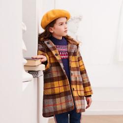 ELLE kids 女童毛呢厚外套冬季儿童连帽风衣中长款格子大衣保暖