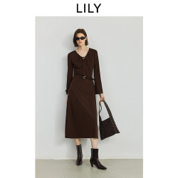 LILY 莱赛尔混纺复古气质休闲通勤薄款咖色长袖连衣裙女 710