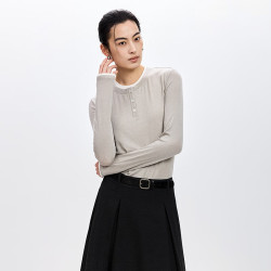 LILY 女装莱赛尔羊毛混纺亨利领撞色拼接浅色T恤打底衫 728