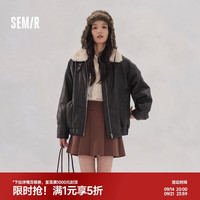 森马 外套女秋冬仿羊羔毛绒翻领短款特宽松显瘦甜酷机车风时尚保暖夹克