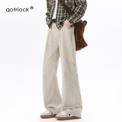 QOTRIOCK 美式米色工装休闲裤男女秋季潮牌cleanfit宽松直筒裤百搭微喇长裤