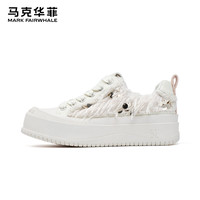 马克华菲 厚底板鞋女亮片流苏潮流增高休闲鞋 白色