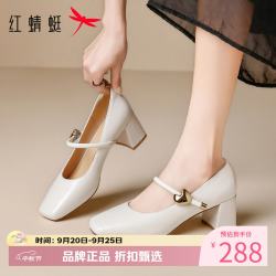 红蜻蜓 女鞋一字带方头玛丽珍鞋 轻便粗高跟鞋小皮鞋百搭休闲女士单鞋子