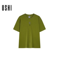 USHI悠时 男士草绿色短袖T恤宽松圆领tee 潮流百搭上衣男