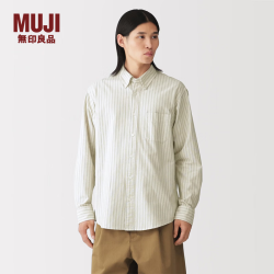無印良品 MUJI 男式 水洗牛津纽扣领长袖衬衫 男士衬衣男装上衣秋季 AC4AAC6A 烟熏绿色条纹 L (175/100A)