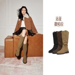 他她 冬时尚百搭英伦风复古长筒靴女靴棕色V口真皮西部靴