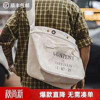 马登 工装 美式机车报童包男大容量纯棉帆布电脑包印花字母通勤斜挎包 原胚白 大包