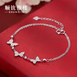 顺钦银楼 S925纯银蝶栖银手链新中式双蝶设计温柔百搭送女友闺蜜