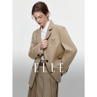 ELLE 复古绣花毛呢西装外套女2026冬新款宽松休闲正肩廓形西服上衣