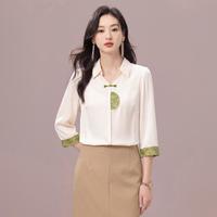 约布 新中式翻领提花拼接小衫气质盘扣衬衫女上衣