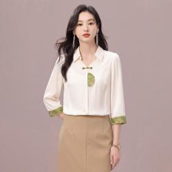 约布 新中式翻领提花拼接小衫气质盘扣衬衫女上衣