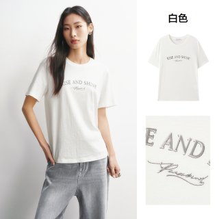 太平鸟 亚麻混纺正肩短袖T恤26春夏新款女士字母印花休闲上衣多搭