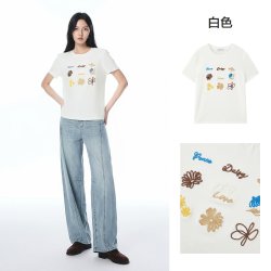 太平鸟 25秋新款趣味花卉刺绣图案短袖T恤A3CNF3259