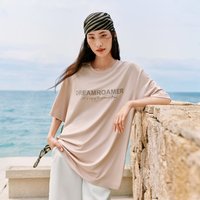 太平鸟 宽松落肩时髦烫钻白色短袖T恤夏季新款莫代尔混纺字母上衣