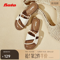Bata 外穿拖鞋女夏季新款羊皮软底百搭罗马度假凉拖鞋 白色