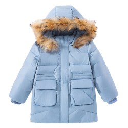法纳贝儿女童羽绒服2026冬季新款90白鸭绒中长款连帽加厚儿童外套