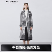 S.DEER 春秋季女装时尚翻领双排扣收腰印花长款风衣S21381823 中灰