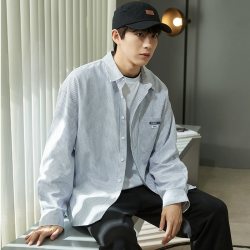 唐狮 春秋新款条纹衬衫男长袖日系宽松休闲青少年蓝色男衬衣外套