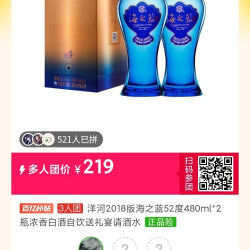 洋河2018版海之蓝52度480ml*2瓶浓香白酒自饮送礼宴请酒水