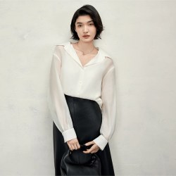 TKY SHOP 白色长袖衬衫女宽松高级感通勤职场衬衣气质翻领薄上衣