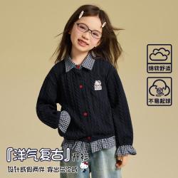 Hello Kitty 女童秋季洋气复古毛衣开衫中大童洋气假两件针织上衣