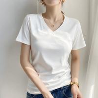 宜而爽 白色鸡心领短袖t恤女2026新款春秋正肩修身v领百搭休闲上衣