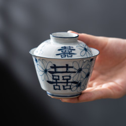 百垚 釉下彩手写盖碗工茶具草木灰青花泡茶碗家用白瓷两才盖碗