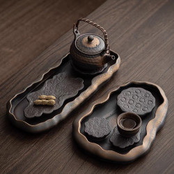 友尚 粗陶干泡台茶盘禅意储水小型两人用简易茶海陶瓷日式茶台家用壶承