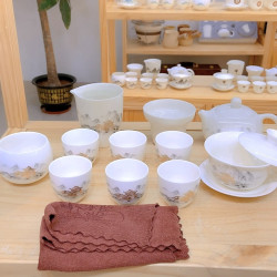 亭台楼阁 12件羊脂玉瓷茶具套装高档悬停盖碗茶杯主人杯