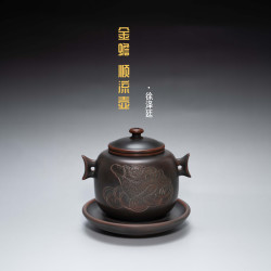顺流壶绿色坭兴陶茶壶浮雕斗漏壶底部出汤球孔设计纯手工壶上品