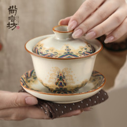 尚言坊 汝窑盖碗茶杯茶具家用单个茶碗中式高档家用女士送礼母亲生日礼物