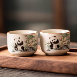 创意熊猫汝窑茶杯中式家用主人杯大号陶瓷个人专用杯子喝茶品茗杯