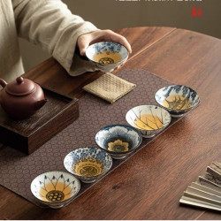 6只装青花老陶泥万花直边杯汝窑开片可陶瓷品茗杯功夫茶具