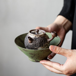 百垚 手工粗陶墨龙茶壶创意复古家用老岩泥粉引侧把壶陶瓷功夫茶具