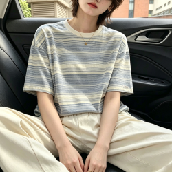 潮型库 日系休闲百搭灰条纹圆领短袖t恤男女2025新款夏季设计感宽松上衣