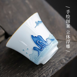 手绘浮雕山水品茗杯50ml釉下彩甜白瓷茶杯小茶盏茶碗