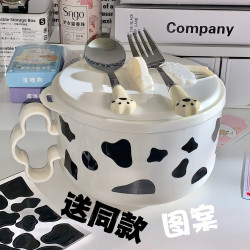 佰诺冠 奶牛泡面碗304不锈钢日式 带盖宿舍学生食堂上班族易洗大容量餐具