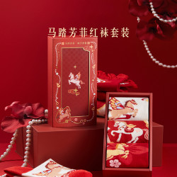 宫廷宝贝 马踏芳菲袜子女中筒袜秋冬红袜子新年马年本命年礼盒礼物
