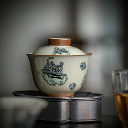 蜜合釉福虎盖碗茶杯单个陶瓷家用二才茶碗生肖虎功夫茶具泡茶器