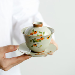 德白纯手绘柿子三才盖碗家用陶瓷茶碗功夫茶具带盖子泡茶器不烫手