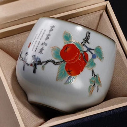 璆鸣 当代汝窑高档手工泡茶陶瓷品茗杯复古柿子单杯主人杯柿柿如意杯子