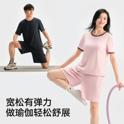 松山棉店 小薄荷罗纹女士带杯短袖短裤套装可外穿   五折
