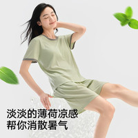 松山棉店 小薄荷罗纹女士带杯短袖短裤套装可外穿  限时五折