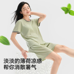 松山棉店 小薄荷罗纹女士带杯短袖短裤套装可外穿  限时五折