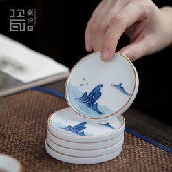 手绘浮雕山水杯垫推料杯托单片装甜白瓷釉下彩小茶托