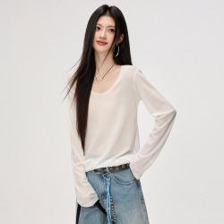 I.T CHOCOOLATE极简风微透U领长袖t恤春秋季设计感内搭罩衫