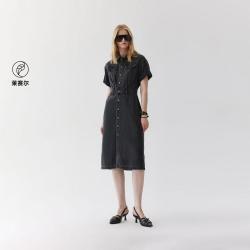 ONLY 秋季做旧水洗翻领牛仔衬衫裙短袖中长款连衣裙女